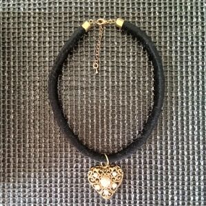 Gold-tone Heart Black Velvet Choker Necklace